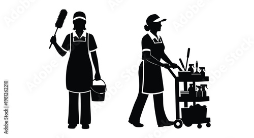 Two cleaning staff members depicted in a stark black silhouette