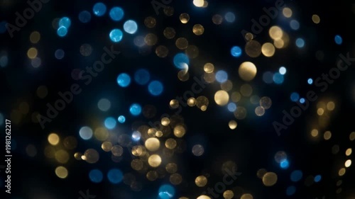Abstract Defocused Glitter Light Background In Blue Gold And Black. Soft Light Scatter, Blue Gold Color Contrast, And Glittering Defocus Shape A Layered Light Pattern