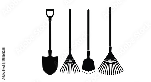 Four garden tools displayed in a stark black silhouette