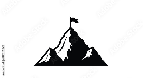 Mountain peak with a flag stark black design silhouette