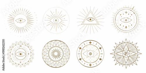 Collection of mystical eyes within geometric shapes and radiating sunbursts