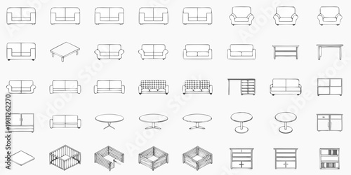 Collection of furniture outlines sofas chairs tables and storage units
