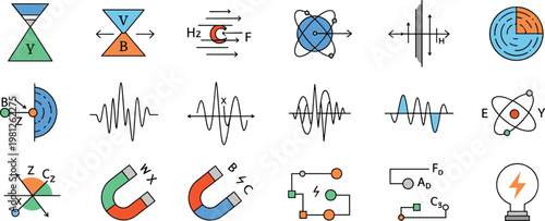 Professional Physics and Electrical Engineering Vector Set Featuring Diverse Magnetic Fields Waveforms Atomic Models and Circuit Symbols Isolated on White Background for Science Designs
