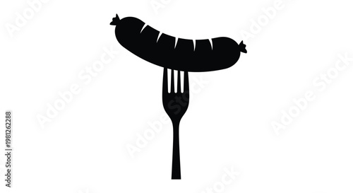 A black silhouette of a sausage on a fork simple design silhouette