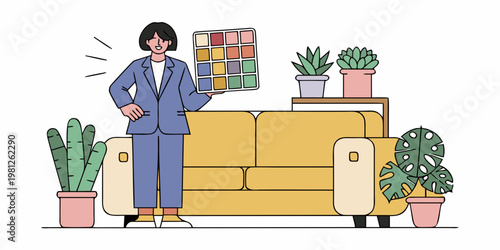 Woman presenting a color palette near plants and a yellow sofa