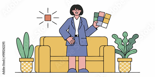 A woman presents color swatches while seated in a modern living room