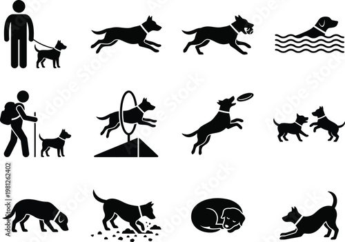 Dog activity icon set, black silhouette dogs in running walking swimming training and playing poses, pet care and veterinary vector illustration for pet shop dog park and animal design