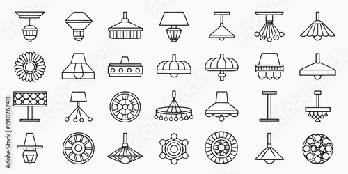 Collection of various black and white line art lamp and lighting fixtures