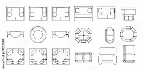 Architectural floor plan views of various tables and seating arrangements