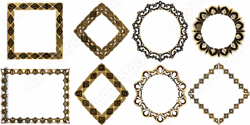 Collection of ornate decorative frames in varying shapes and golden tones