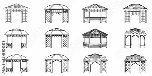 Collection of black and white architectural drawings of garden structures