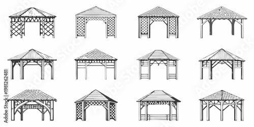 Various garden gazebo designs illustrated in a simple black and white style