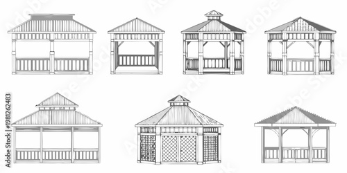 Line art illustrations of various gazebo designs with differing roof styles