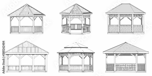 Line art illustrations depicting six different gazebo and pavilion designs
