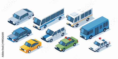 Isometric illustration of various public and private transportation vehicles