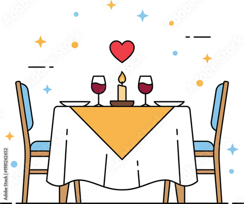 Romantic date night dinner vector illustration, cozy table for two with candle wine glasses and heart symbol, flat love and couple dining scene for Valentine wedding and anniversary design