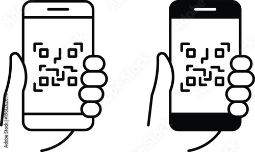 Two hands holding smartphones displaying Q R codes black and white qr code mobile phone scanning technology