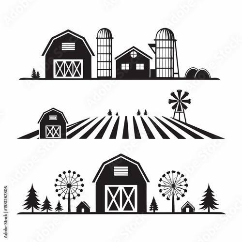 Black and white illustration of a rural farm landscape with buildings