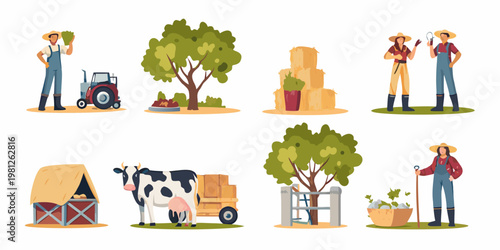 Cartoon illustration of farmers livestock and harvest elements on a farm