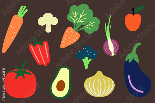 Colorful assortment of fresh vegetables and fruits in a flat lay style