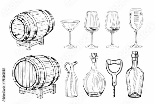 Vintage wine and spirits collection barrels glasses and accessories sketch