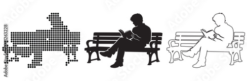 Person engrossed in a book on a park bench, depicted in three styles: pixelated, silhouette, and outline.