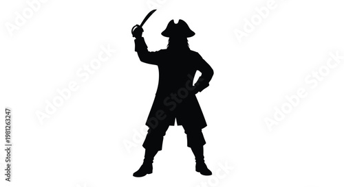 A dramatic pirate figure raising a saber a stark silhouette