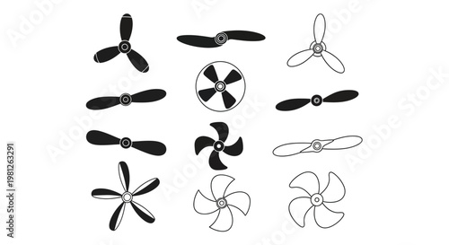 Collection of various propeller designs in black and white silhouette