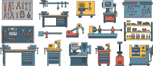 Professional Industrial Workshop Machinery and Tools Vector Set Featuring Lathe Machines Drill Presses Workbenches and Tool Organizers Isolated on White Background