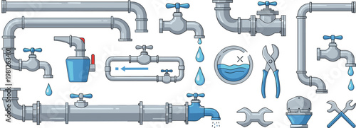 Professional Plumbing Tools and Pipe Fittings Vector Set Featuring Diverse Water Taps Metal Pipes Wrenches and Water Drops Isolated on White Background for Maintenance Designs