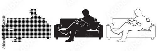 Person relaxing on sofa reading book, presented in three graphic styles