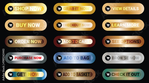Collection of colorful shopping buttons with shopping cart icons for ecommerce and online shopping  various call to action labels