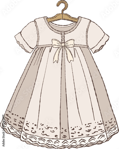 Baby girl christening dress in soft beige tones, hand-drawn doodle illustration. Delicate baptism gown with a gentle, elegant look, symbolizing purity and innocence. Minimal style 
