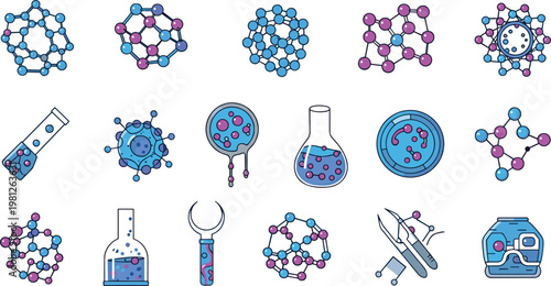 Professional Science Laboratory Vector Set Featuring Diverse Molecular Structures Test Tubes Flasks and Petri Dishes in Blue and Purple Isolated on White Background for Education Designs