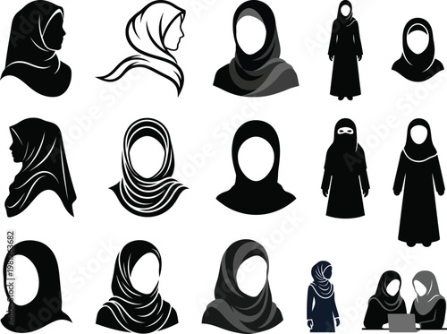 Muslim women silhouette icon set, hijab niqab and abaya female avatars, modest fashion and islamic people profiles in black vector illustration for Ramadan Eid, education and community design