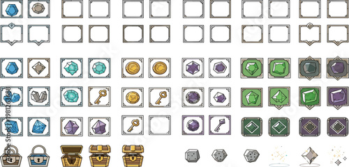 Game Asset UI Frames and Inventory Icons Set Featuring Gems Keys Chests Badges Fantasy Interface Collection