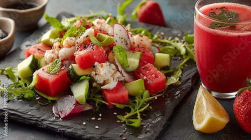 A luxurious seafood salad featuring delicious shrimp, fish, and crab meat, along with fresh, clean vegetables, served with a glass of smoothie, makes for a healthy and refreshing appetizer.