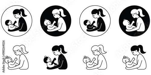Childcare and Babysitting Icon Set Featuring Baby Care Symbols, Nanny Services, Toys, Feeding, Safety, and Parenting Elements, Modern Flat Vector Illustration for Family, Nursery, and Service Design