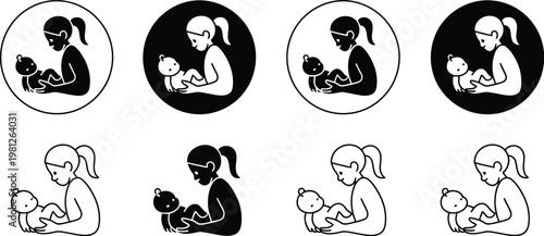 Childcare and Babysitting Icon Set Featuring Baby Care Symbols, Nanny Services, Toys, Feeding, Safety, and Parenting Elements, Modern Flat Vector Illustration for Family, Nursery, and Service Design