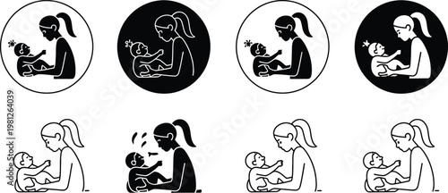 Childcare and Babysitting Icon Set Featuring Baby Care Symbols, Nanny Services, Toys, Feeding, Safety, and Parenting Elements, Modern Flat Vector Illustration for Family, Nursery, and Service Design