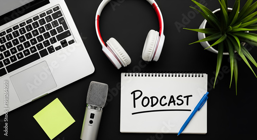 Modern flat lay view of a dedicated podcasting workspace setup featuring a laptop, microphone, headphones, and a notebook clearly labeled 'Podcast', ideal for audio creators.