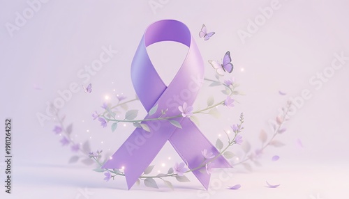 Soft lavender ribbon rests on delicate floral stems. Gentle butterflies flutter around the ribbon. Pastel tones convey calm, hope, and support. Ideal for awareness campaigns or healing themes