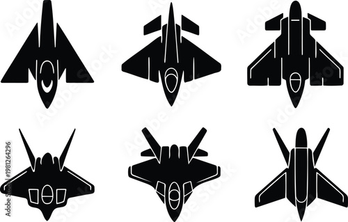 Silhouette set of modern fighter jets with air force jet fighter aviation icon