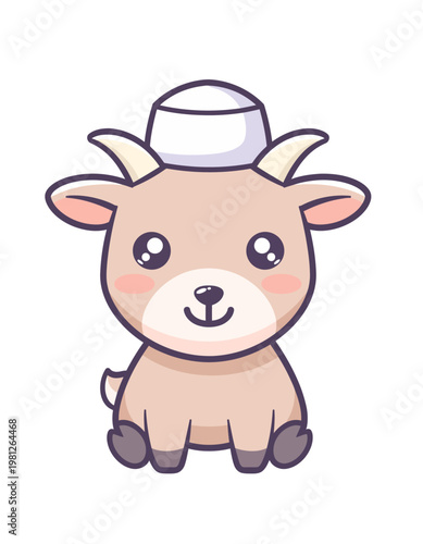 Adorable cartoon baby goat with a sweet expression, wearing a traditional white cap, embodying cuteness and innocence for various design projects and festive celebrations