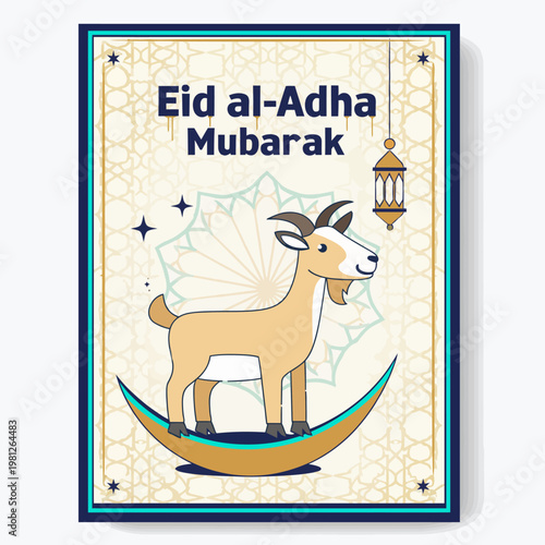 Joyful illustration depicting an Islamic holiday celebration for Eid al-Adha, showcasing a stylized goat, crescent moon, and decorative lantern with intricate patterns
