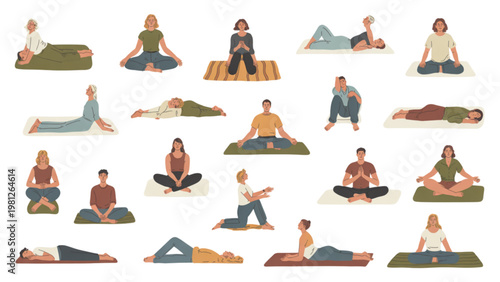 Diverse group of people practicing various yoga poses on colorful mats Vector