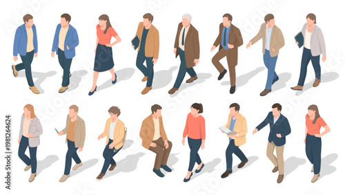 Group of stylish people walking outdoors in casual attire Vector