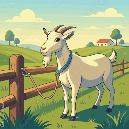 A friendly white domestic goat stands patiently tethered to a rustic wooden fence on a vibrant green farm field under a bright blue sky, showcasing serene rural life and agricultural charm