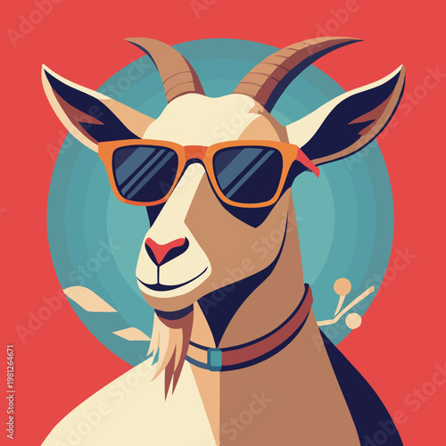 A stylish cartoon goat wearing cool sunglasses, depicted in a vibrant flat design illustration with a trendy and playful aesthetic, perfect for modern branding and creative projects