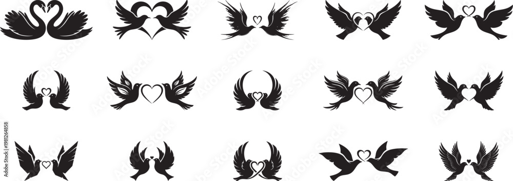 Obraz premium Two birds facing each other in flight silhouettes collection, smooth curves and precise geometric shapes, stylized doves with heart vector art.